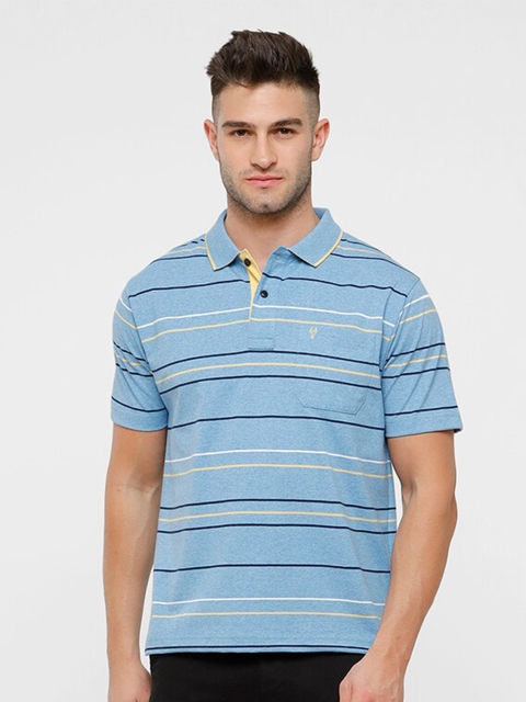 

Classic Polo Men Blue Striped Polo Collar Relaxed Fit Pure Cotton T-shirt