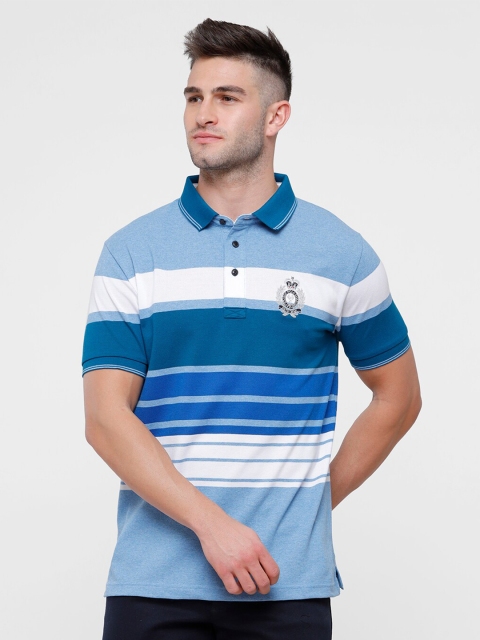 

Classic Polo Men Blue & White Striped Polo Collar Cotton Slim Fit T-shirt