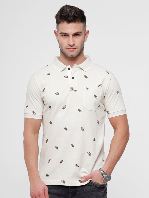 

Classic Polo Men Cream-Coloured & Coffee Brown Slim Fit Ditsy Floral Print Cotton T-shirt