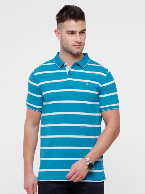 

Classic Polo Men Blue & White Striped Polo Collar Slim Fit T-shirt