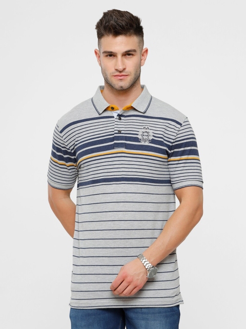 

Classic Polo Men Grey & Navy Blue Striped Polo Collar Slim Fit Cotton T-shirt
