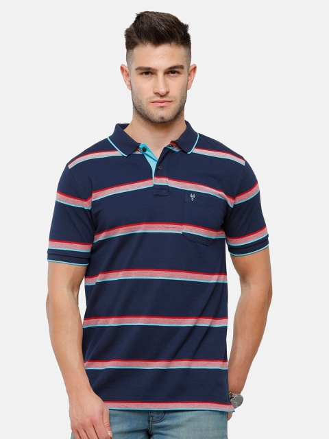 

Classic Polo Men Navy Blue Striped Polo Collar Slim Fit Cotton T-shirt