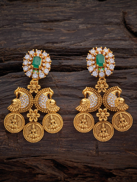 

Kushal's Fashion Jewellery Gold-Plated Green & White Peacock Shaped Drop Earrings