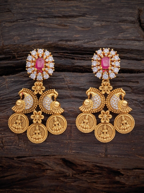

Kushal's Fashion Jewellery Red Gold-Plated Peacock Shaped Drop Earrings
