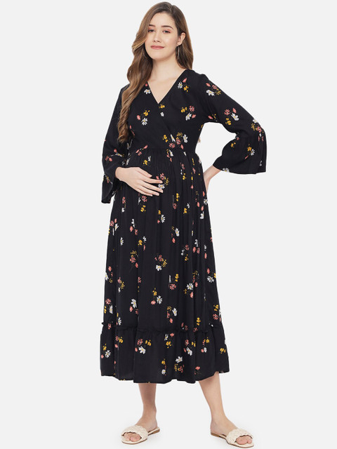 

The Dry State Black & Yellow Floral Maternity V-neck Wrap Dress