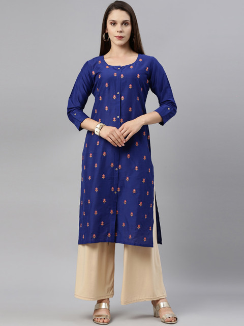 

GOLDSTROMS Women Blue Embroidered Straight Kurta