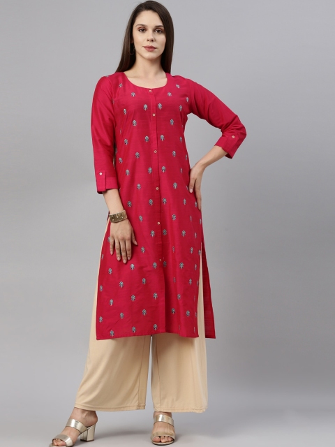 

GOLDSTROMS Women Fuchsia & Blue Floral Round Neck A-line Kurta