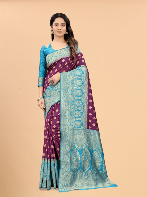 

SATYAM WEAVES Magenta & Blue Woven Design Zari Silk Cotton Banarasi Saree