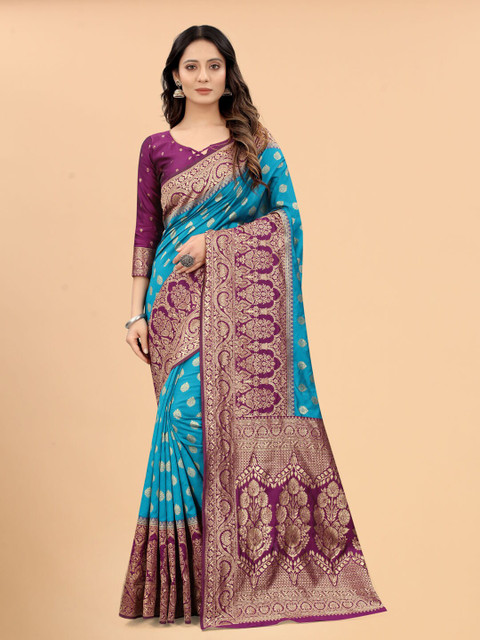 

SATYAM WEAVES Blue & Burgundy Woven Design Zari Silk Cotton Banarasi Saree