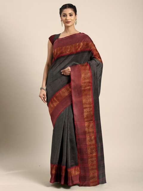 

The Chennai Silks Black & Maroon Ethnic Motifs Zari Pure Cotton Fusion Taant Saree