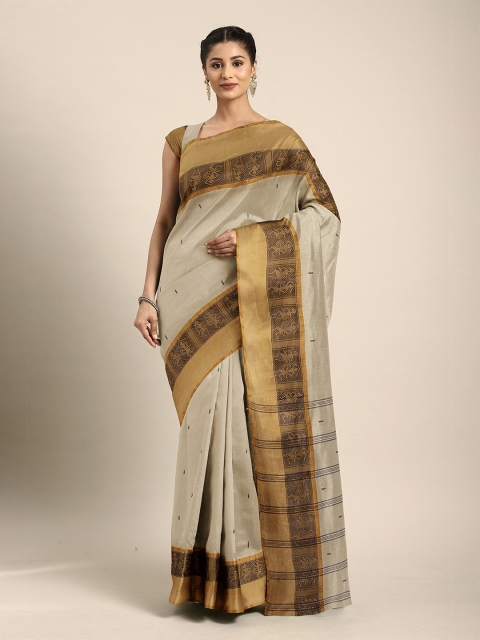 

The Chennai Silks Beige & Gold-Toned Zari Pure Cotton Taant Saree