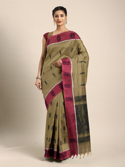 

The Chennai Silks Olive Green & Red Ethnic Motifs Pure Cotton Kovai Saree