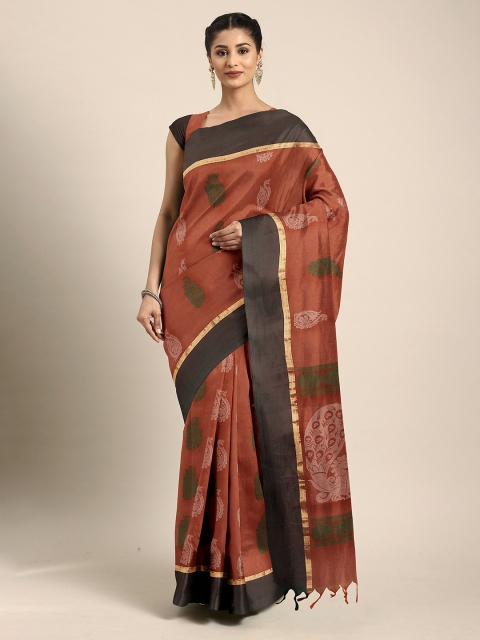 

The Chennai Silks Coral & Brown Ethnic Motifs Pure Cotton Kovai Saree
