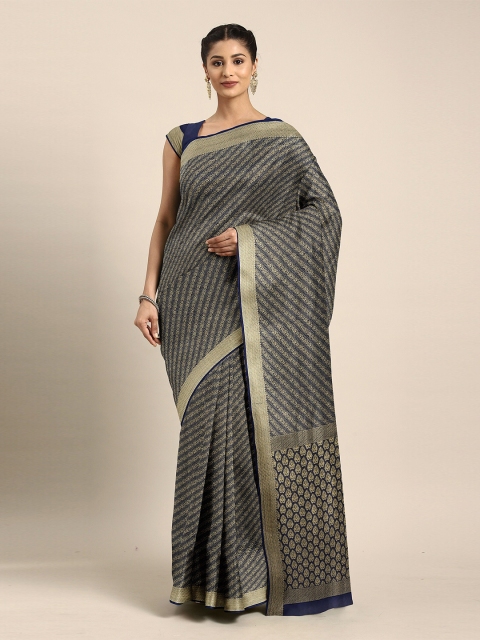 

The Chennai Silks Navy Blue Striped Poly Georgette Saree