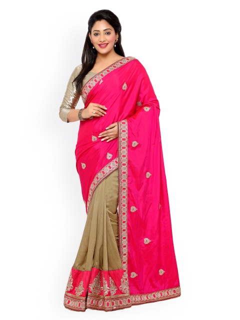 

Satrani Coral Pink & Beige Embroidered Poly Crepe & Satin Embellished Saree