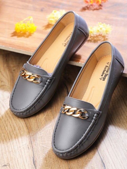 

LONDON STEPS Women Grey Solid Embellished Loafers