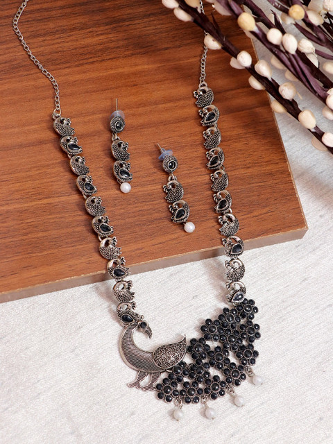 

Crunchy Fashion Silver-Plated Black Long Kemp Peacock Jewellery Set