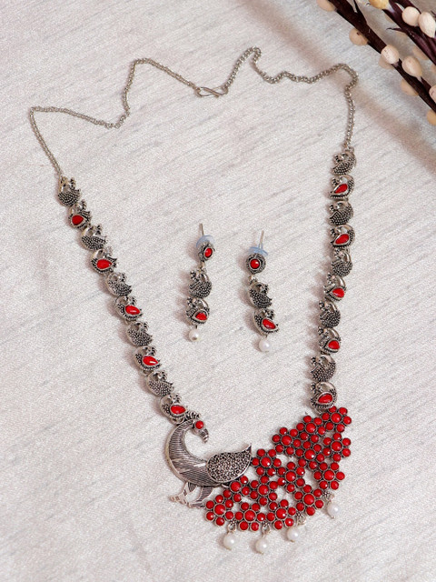 

Crunchy Fashion Oxidised Silver-Plated White & Red Stone-Studded & Beaded Enamelled Jewellery Set
