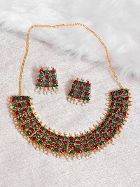 

Crunchy Fashion Gold-Plated Red & Green Choker Jewellery Set