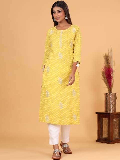 

KAAJH Women Yellow Ethnic Motifs Printed Sequinned Pure Cotton Kurta with Trousers