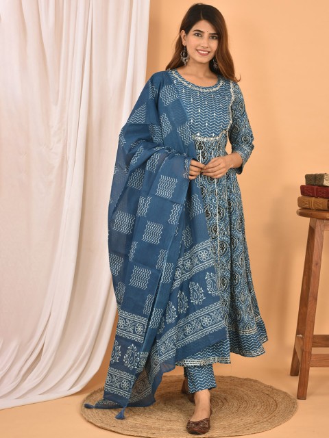 

KAAJH Women Blue Paisley Printed Pure Cotton Kurta with Trousers & Dupatta