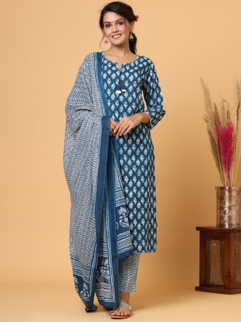 

KAAJH Women Blue Printed Pure Cotton Kurta with Trousers & With Dupatta