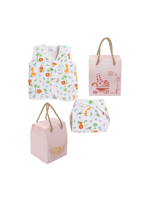 

Little Angels Infants Girls White Printed 3 Piece Pure Cotton Baby Apparel Gift Set, Multi