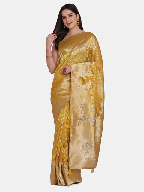 

BOMBAY SELECTIONS Yellow & Gold-Coloured Woven Design Zari Organza Banarasi Saree