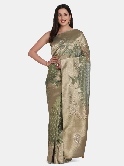 

BOMBAY SELECTIONS Green & Silver-Toned Ethnic Motifs Organza Banarasi Saree