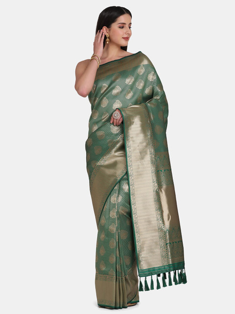 

BOMBAY SELECTIONS Green & Silver-Coloured Ethnic Motifs Pure Silk Banarasi Saree