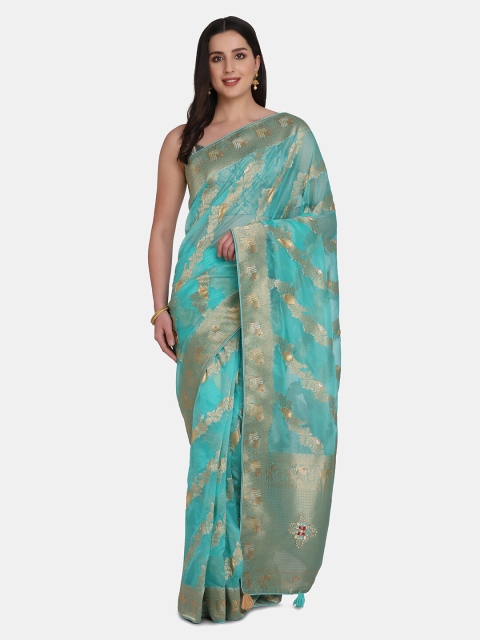 

BOMBAY SELECTIONS Green & Silver-Toned Ethnic Motifs Organza Banarasi Saree