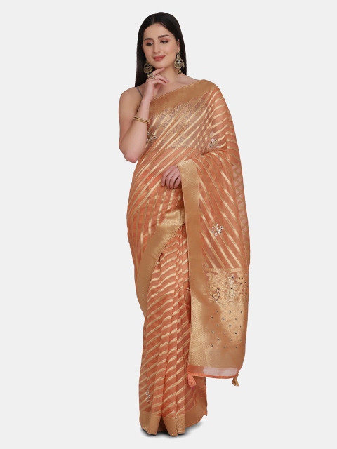 

BOMBAY SELECTIONS Peach & Gold-Coloured Floral Zari Organza Banarasi Saree