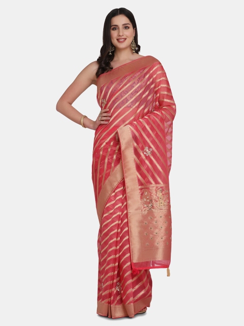 

BOMBAY SELECTIONS Pink Ethnic Motifs Organza Woven Design Banarasi Saree