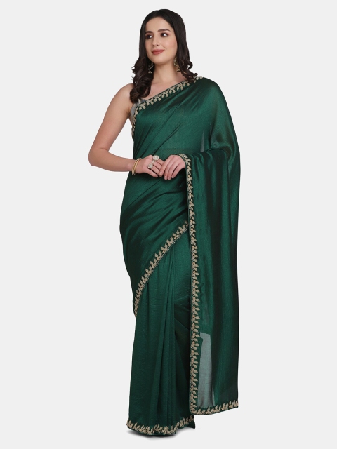 

BOMBAY SELECTIONS Green & Gold-Toned Beads and Stones Pure Silk Tussar Saree