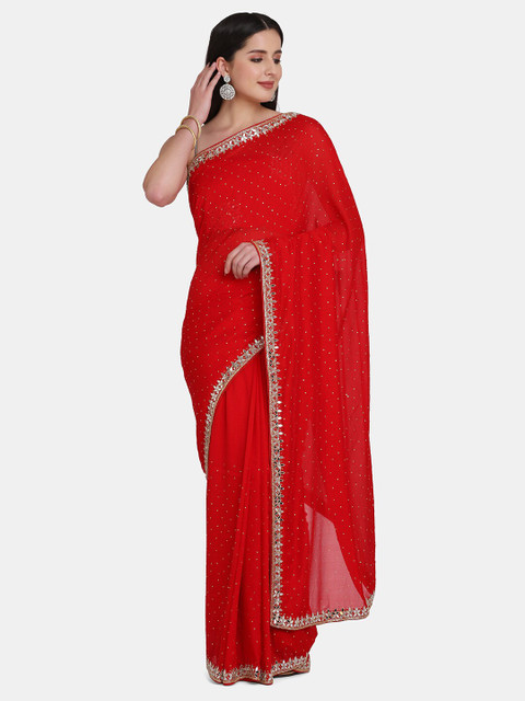 

BOMBAY SELECTIONS Maroon & Gold-Toned Embellished Beads and Stones Pure Silk Tussar Saree