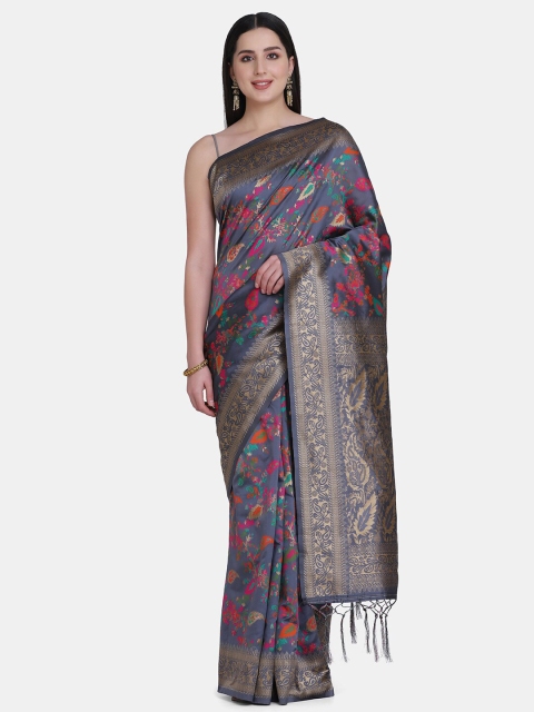 

BOMBAY SELECTIONS Grey & Pink Floral Pure Silk Banarasi Saree