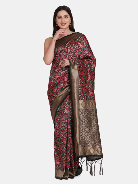 

BOMBAY SELECTIONS Black Floral Woven Design Pure Silk Banarasi Saree
