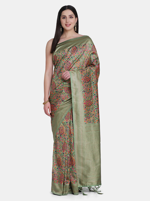 

BOMBAY SELECTIONS Green & Pink Floral Pure Silk Banarasi Saree