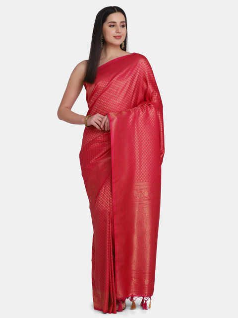 

BOMBAY SELECTIONS Pink & Gold-Toned Woven Design Zari Pure Silk Banarasi Saree
