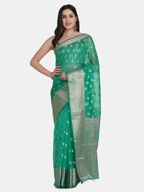 

BOMBAY SELECTIONS Green & Silver-Toned Ethnic Motifs Organza Banarasi Saree