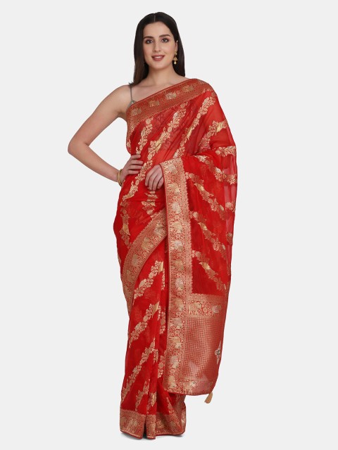 

BOMBAY SELECTIONS Maroon & Gold-Toned Ethnic Motifs Zari Organza Banarasi Saree