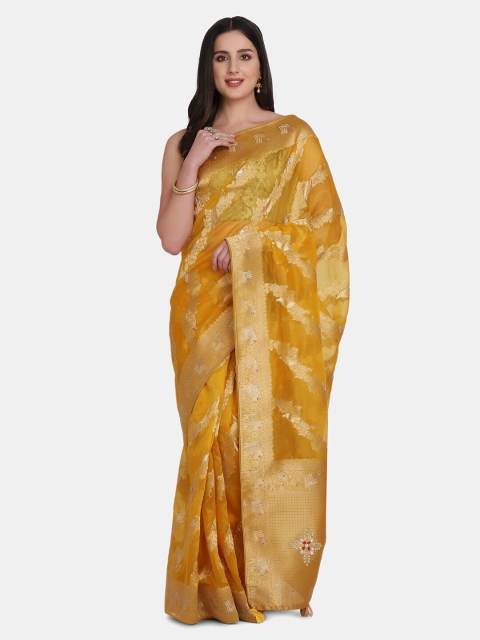 

BOMBAY SELECTIONS Yellow & Gold-Toned Ethnic Motifs Zari Organza Banarasi Saree