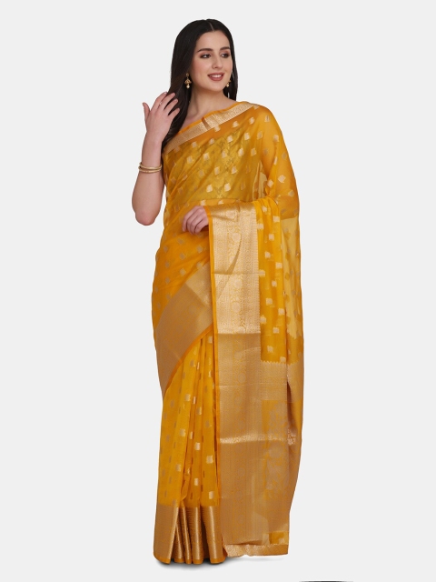 

BOMBAY SELECTIONS Yellow & Gold-Toned Woven Design Zari Organza Banarasi Saree