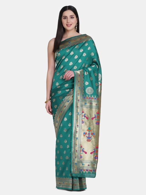 

BOMBAY SELECTIONS Green & Silver-Toned Ethnic Motifs Zari Pure Silk Banarasi Saree