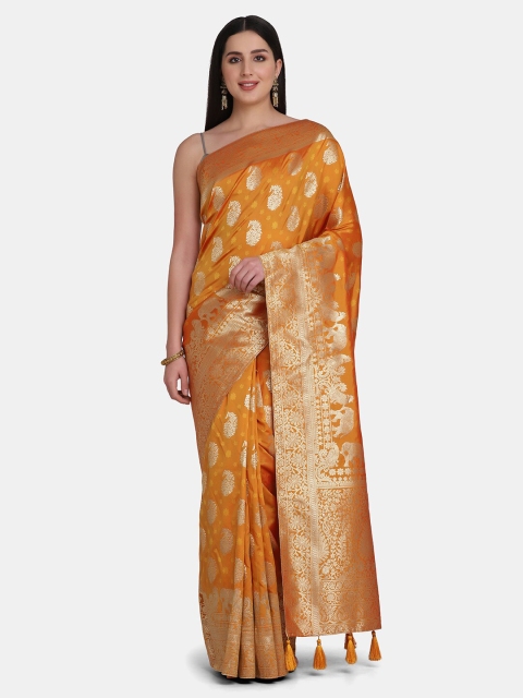 

BOMBAY SELECTIONS Yellow & Gold-Toned Woven Design Zari Pure Silk Banarasi Saree