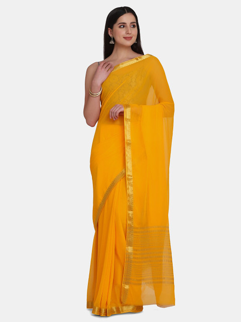 

BOMBAY SELECTIONS Yellow & Gold-Toned Zari Pure Chiffon Banarasi Saree