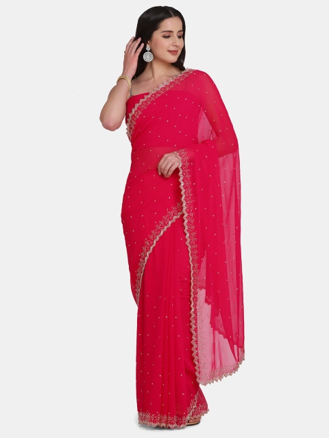 

BOMBAY SELECTIONS Magenta & Silver-Toned Embellished Beads and Stones Pure Georgette Saree
