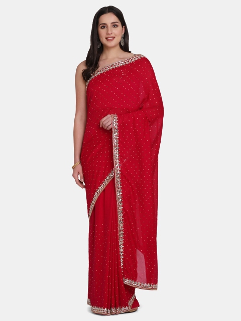 

BOMBAY SELECTIONS Magenta & Gold-Toned Embellished Beads and Stones Pure Silk Tussar Saree