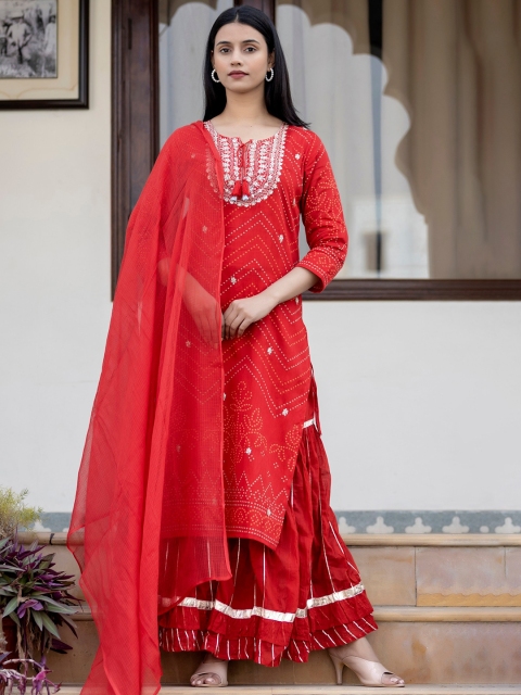 

KAAJH Women Red Embroidered Sequinned Pure Cotton Kurta with Sharara & With Dupatta