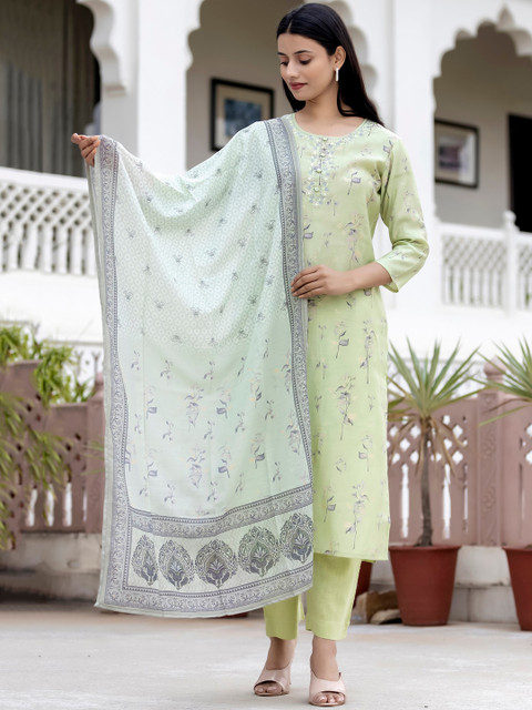 

KAAJH Women Green Floral Printed Kurta with Trousers & With Dupatta